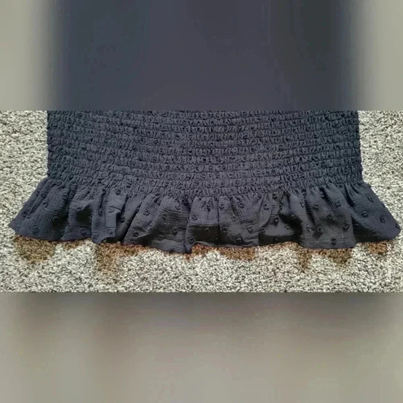 Lush Smocked Top Sheer Polkadot Puff Sleeve black womens sz Med. Crop Ruffle hem - Picture 5 of 9